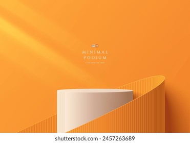 3D orange round product podium background with paper cut swirl flow. Abstract composition in minimal design. 3D studio showroom product pedestal, Fashion showcase mockup scene. Vector banner cosmetic.