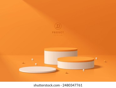 3D naranja producto redondo podio conjunto de fondo con bolas blancas. Composición geométrica Abstractas en diseño minimalista. El pedestal del producto de la sala de exposición del estudio, escena de la maqueta del escaparate de la moda.