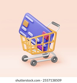 3D orange shopping cart with bank card isolated. Render realistic shopping trolley and credit card. Shopping concept. Supermarket basket front view. Cartoon vector illustration