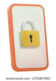 Smartphone naranja 3D que muestra un candado amarillo en la pantalla