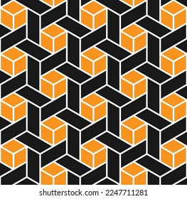 3D orange square and rectangular box on black background. 3D block pattern. Abstract maze backdrop. Happy Halloween pattern.