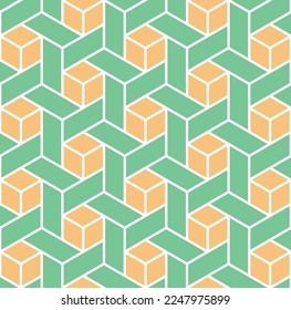 3D orange square and rectangular box on green background. 3D block pattern. Abstract maze backdrop.