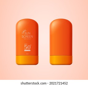 3d orange sunscreen tottle bottles. Two sunblock mockups, one with label on, and the other one without