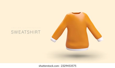 3D orange sweatshirt with white cuffs. Modern cotton long clothes. Illustration on colored background. Place for advertisement, offer, headline. Header for product category