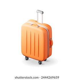 Maleta de viaje 3D naranja aislada en blanco. Bolsa de plástico. Concepto de viaje o viaje. Estuche de plástico. Carro sobre ruedas. Equipaje de viaje y equipaje. Ilustración vectorial realista