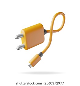 3d orange USB charger isolated on white. Render data transfer wire charger. Connector or plug for gadgets. Device for charging, Electronic equipment. Vector illustration