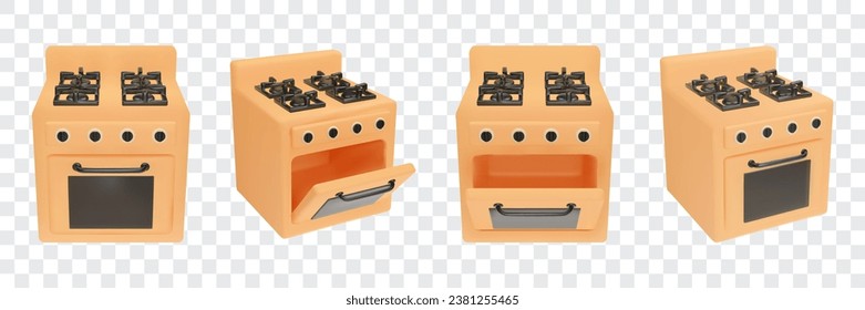 3d orange vector isolated gas stove for kitchen interior. Realistic cooker appliance open, close. side and front view illustration set. Cooking kitchenware design clipart collection for apartment.
