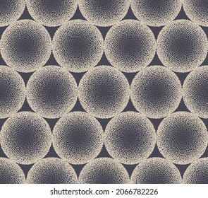 3D Orb Stippled Regular Seamless Pattern Geometric Vector Abstract Background. Hand Drawn Sphere Tileable Lattice Texture Dotted Round Repetitive Wallpaper. Halftone Retro Colors Art Illustration