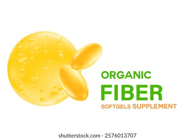 3D organic fiber supplements icon. Raw fiber soft gel capsules, glowing liquid yellow oil drop isolated, transparent background. Healthy stomach, intestines, digestive system nutrition supplements.