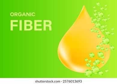 3D organic green fiber supplements background with copy space. Raw fiber soft gel capsules, glowing liquid green oil drop. Healthy stomach, intestines, digestive system nutrition supplements.