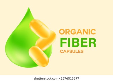 3D organic green fiber supplements background with copy space. Raw fiber capsules, glowing liquid green oil drop. Healthy stomach, intestines, digestive system nutrition supplements.