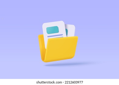 3d organize folder and paper data for management file, document efficient work on project plan 3d concept. Document data folder with files icon. 3d directory icon vector render on isolated background