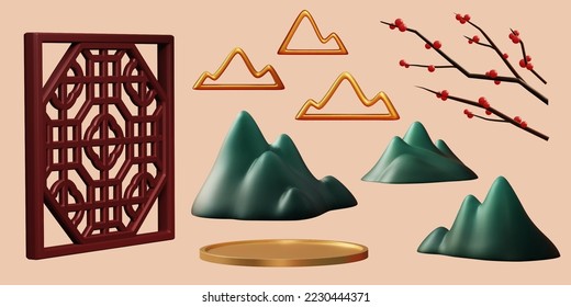 3D oriental style decorations element set isolated on beige background. Including chinese screen, golden disc, willow branch and different material mountains.