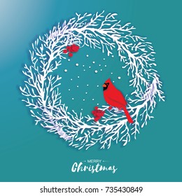 3D Origami Christmas Wreath with Red Cardinal and Rowan berry. Paper cut tree branch. Bird. Happy New Year. Winter snowflakes. Circle carving frame. Text. Blue background. Vector