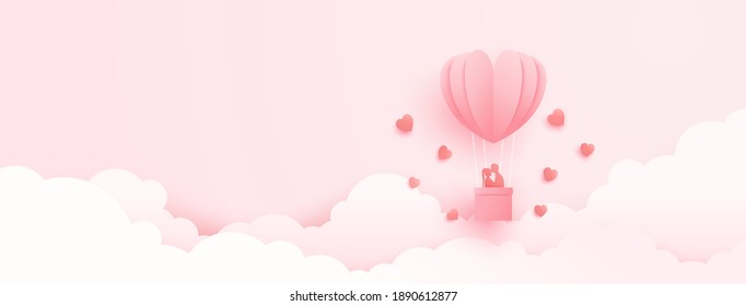 3D origami heart hot air flying with cloud sky background. Love concept design for happy mother's day, valentine's day, birthday day. vector paper art illustration.