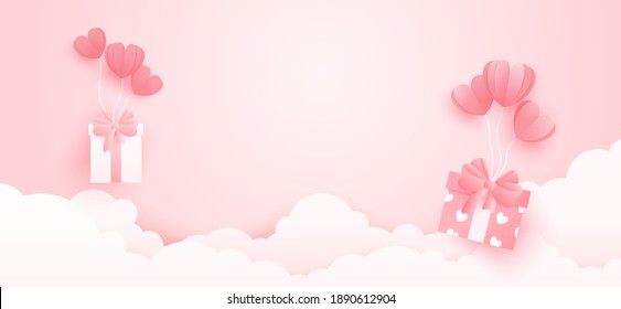 3D origami heart hot air flying with gift box on cloud background. Love concept for happy mother's day, valentine's day, birthday day. vector paper art illustration.