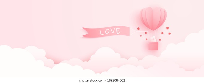 3D origami heart hot air flying with cloud sky background. Love concept design for happy mother's day, valentine's day, birthday day. vector paper art illustration.