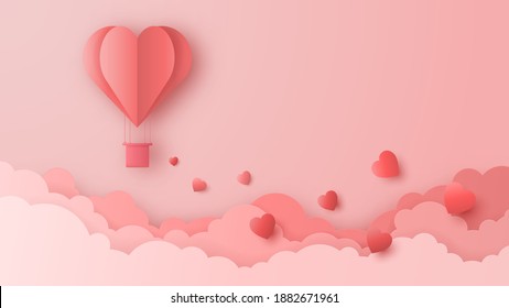 3D origami hot air balloon flying with heart love text background. Love concept design for happy mother's day, valentine's day, birthday day. Poster and greeting card template. Paper art illustration.