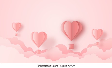 3D Origami Hot Air Balloon Heart Flying With Cloud On Sky Background. Love Concept Design For Happy Mother's Day, Valentine's Day, Birthday Day. Vector Paper Art Illustration.