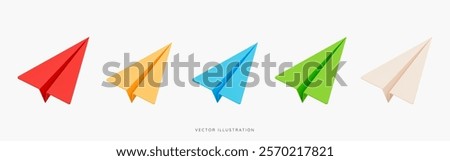 3D Origami paper airplane of different colours icon set. Send message or letter by email. Mail delivery. Social media communication. Cartoon design icons isolated on white. 3D Vector illustration