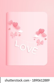 Arte de papel cardíaco rosa de origami 3D con fondo de tarjeta de saludo. Concepto de amor para el día de San Valentín. Plantilla de banner. ilustración de arte vectorial.