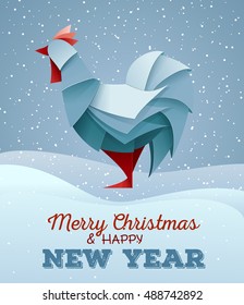 3D Origami Silhouette of cock or chicken. Happy New Year card 2017