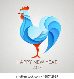 3D Origami Silhouette of cock or chicken. Happy New Year card 2017