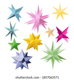 3d origami stars collection with a different number of rays, vector colorful illustration