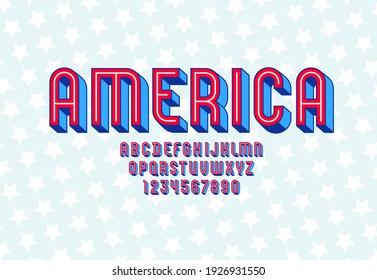 3D original Font, alphabet in the comics style, modern condensed capital Latin letters from A to Z and Arab numbers from 0 to 9 using stars on a background, vector illustration 10EPS