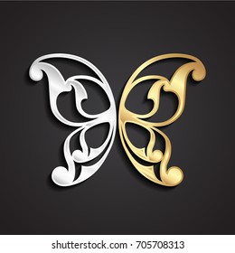 3d ornamental golden silver butterfly wing shape symbol