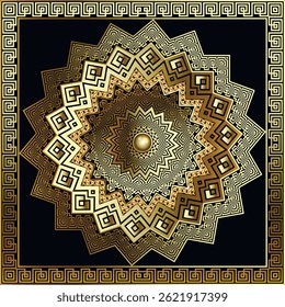 3d ornate Greek zigzag mandala with intricate gold meander patterns and square frame border on black background. Decorative radial glowing vector design, perfect for luxury art and elegant prints.