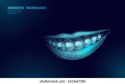 3D orthodontic braces. Wonam smile tooth trainer. Dental theatment heath care medical banner. Low poly design dentist correction fix vector illustration