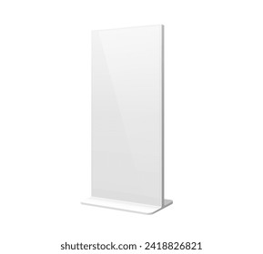 3D outdoor stand display mockup, advertising board or information billboard, vector ad screen. Isolated white vertical display or poster stand on base, POS advertising or exhibition display mock up