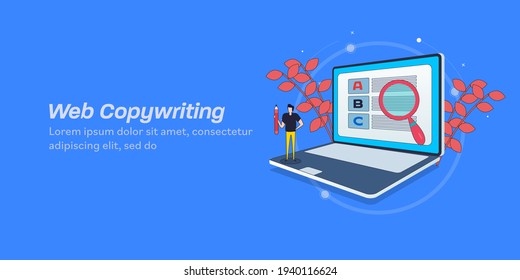 Concepto de esquema 3D de escritura de contenido, escritura de copia, contenido digital , contenido SEO - ilustración vectorial isométrica con iconos