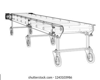 3D outline conveyor belt. Vector rendering of 3d. Wire-frame style. The layers of visible and invisible lines are separated