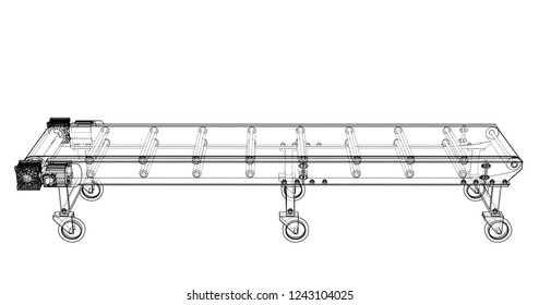 3D outline conveyor belt. Vector rendering of 3d. Wire-frame style. The layers of visible and invisible lines are separated