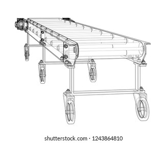 3D outline conveyor belt. Vector rendering of 3d. Wire-frame style. The layers of visible and invisible lines are separated