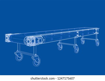 3D outline conveyor belt. Vector rendering of 3d. Wire-frame style. The layers of visible and invisible lines are separated
