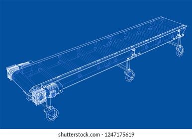 3D outline conveyor belt. Vector rendering of 3d. Wire-frame style. The layers of visible and invisible lines are separated