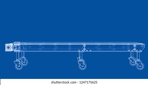 3D outline conveyor belt. Vector rendering of 3d. Wire-frame style. The layers of visible and invisible lines are separated