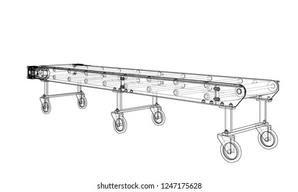 3D outline conveyor belt. Vector rendering of 3d. Wire-frame style. The layers of visible and invisible lines are separated