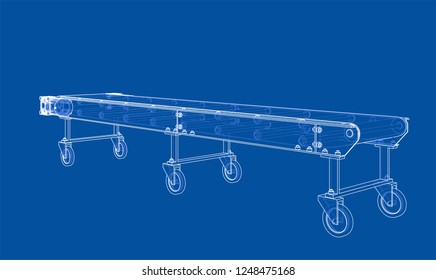 3D outline conveyor belt. Vector rendering of 3d. Wire-frame style. The layers of visible and invisible lines are separated