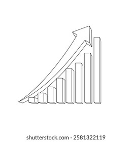 3d outline curvy arrow going upward, stock market, business and economic rise icon, outlined  arrow with increasing bars  