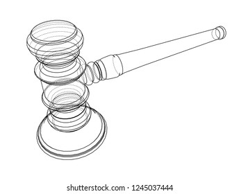 3D outline gavel. Vector rendering of 3d. Wire-frame style. The layers of visible and invisible lines are separated