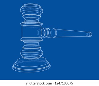 3D outline gavel. Vector rendering of 3d. Wire-frame style. The layers of visible and invisible lines are separated