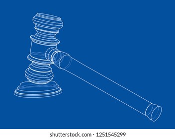 3D outline gavel. Vector rendering of 3d. Wire-frame style. The layers of visible and invisible lines are separated