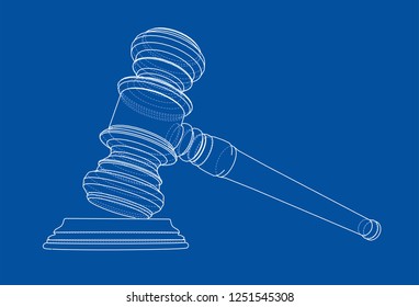 3D outline gavel. Vector rendering of 3d. Wire-frame style. The layers of visible and invisible lines are separated