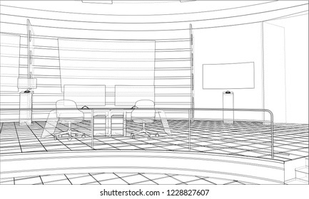 3D outline interior. Vector rendering of 3d. Wire-frame style. The layers of visible and invisible lines are separated