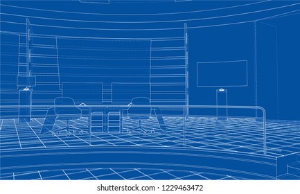 3D outline interior. Vector rendering of 3d. Wire-frame style. The layers of visible and invisible lines are separated