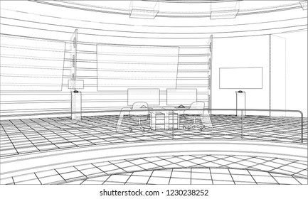 3D outline interior. Vector rendering of 3d. Wire-frame style. The layers of visible and invisible lines are separated